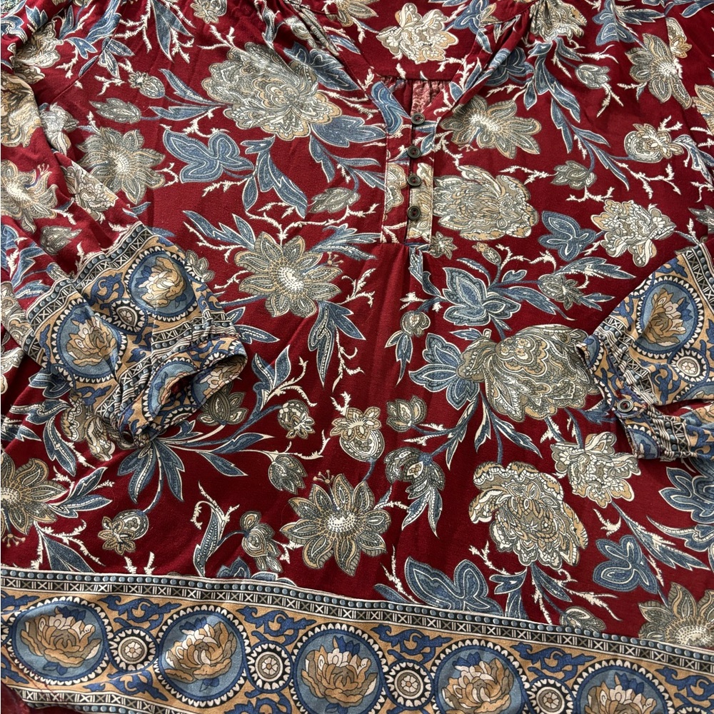 Lucky Brand Burgundy Floral Paisley Henley Top Boho